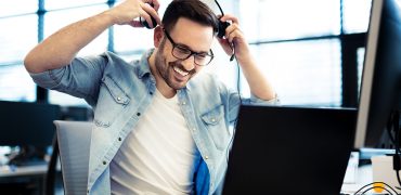 Support phone operator in headset at workplace Support phone operator in headset at workplace