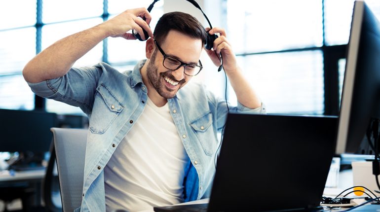 Support phone operator in headset at workplace Support phone operator in headset at workplace