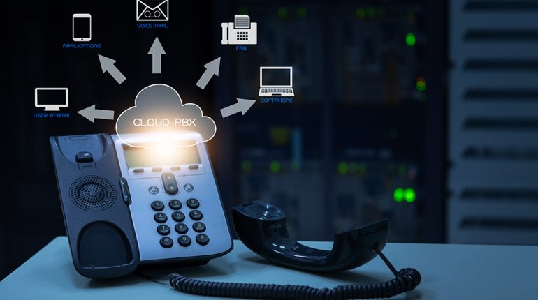 IP Telephony cloud pbx concept, telephone device with illustrati IP Telephony cloud pbx concept, telephone device with illustration icon of voip services and networking data center on background